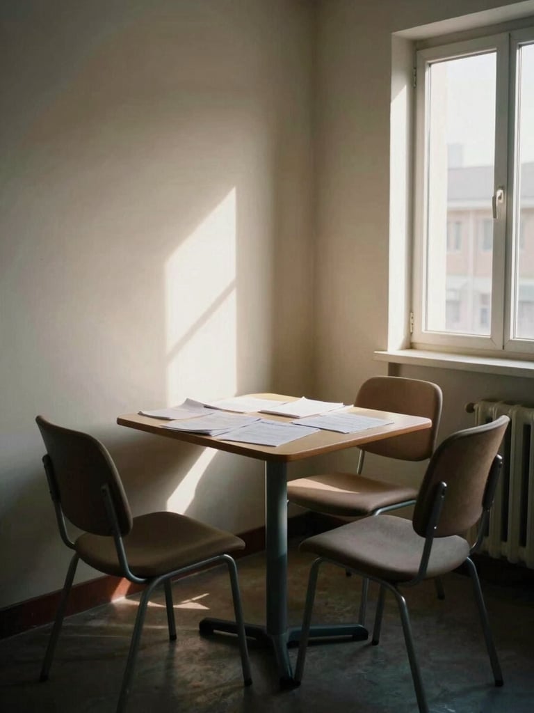 Medium shot of a common room in a residential building, two chairs at a small table with documents spread out, afternoon window light casting soft shadows, muted warm interior tones, no people, space clearly in active use