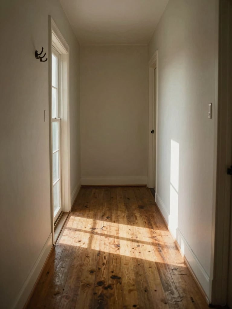 Wide interior hallway of an older home, morning light falling through a side window onto worn hardwood floors, a coat hook and doorframe to the left, soft warm shadows, quiet and still, no people
