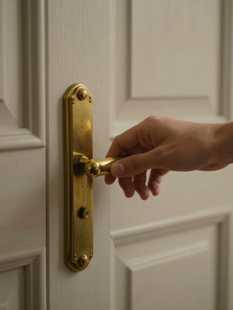 Close detail of a hand resting on a door handle, aged brass hardware on a painted wooden door, soft diffused light, muted warm background, no face visible