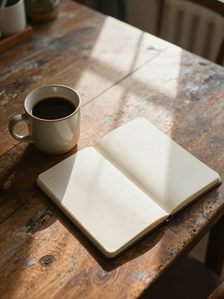 Close overhead view of a worn kitchen table with a ceramic mug of coffee, a notepad open beside it, soft morning window light casting gentle shadows across the grain of the wood, no people