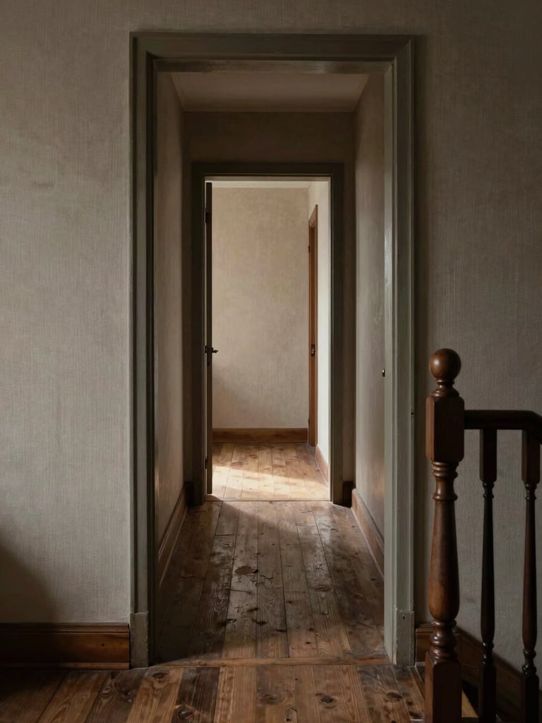Quiet interior hallway seen from the doorway, morning light crossing old wooden floorboards, a staircase banister in the foreground, muted linen and earth tones, no people