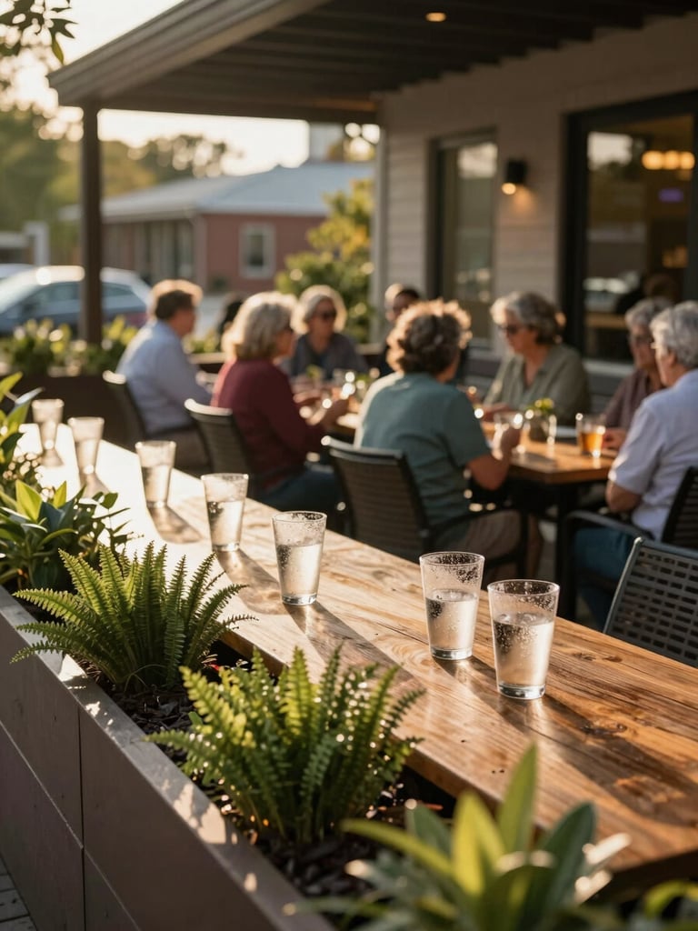 Wide shot of a sunlit Edwardsville patio, golden afternoon light catching condensation on glasses, a group of residents at a wooden table in the background, lush planters framing the edge, warm and relaxed atmosphere