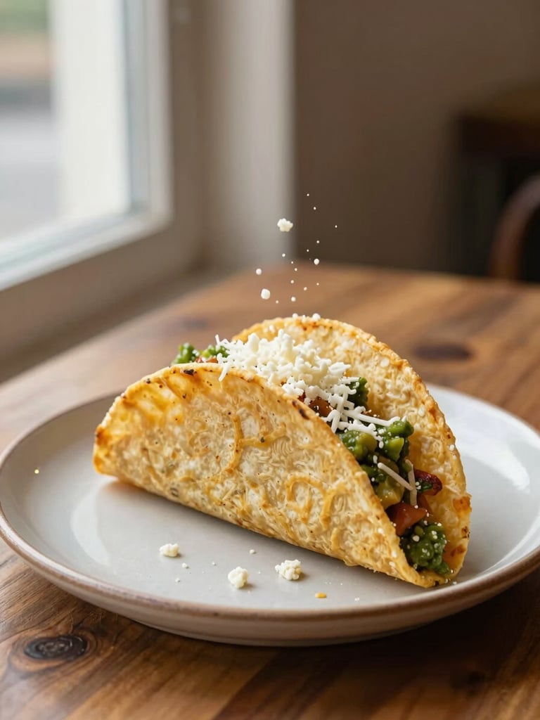 Close overhead crop of a thick breakfast taco on a ceramic plate, salsa verde visible, wooden table surface, soft natural window light from the left, crumbled cotija cheese mid-air