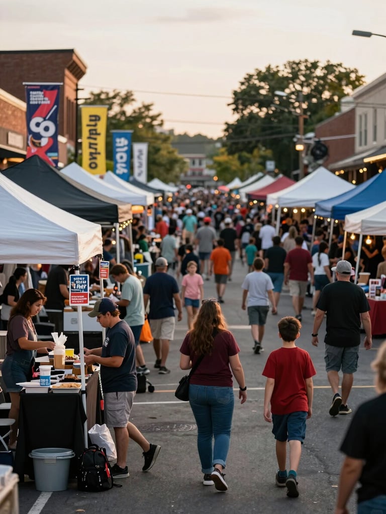 Close environmental shot of a local Edwardsville street festival — vendors and families in motion, colorful banners in the background, warm late-afternoon light, shot from a slightly elevated angle showing depth of the crowd