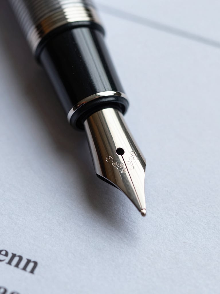 Macro shot of a high-quality fountain pen tip resting on structured legal document paper, cool overcast daylight, extreme close-up.