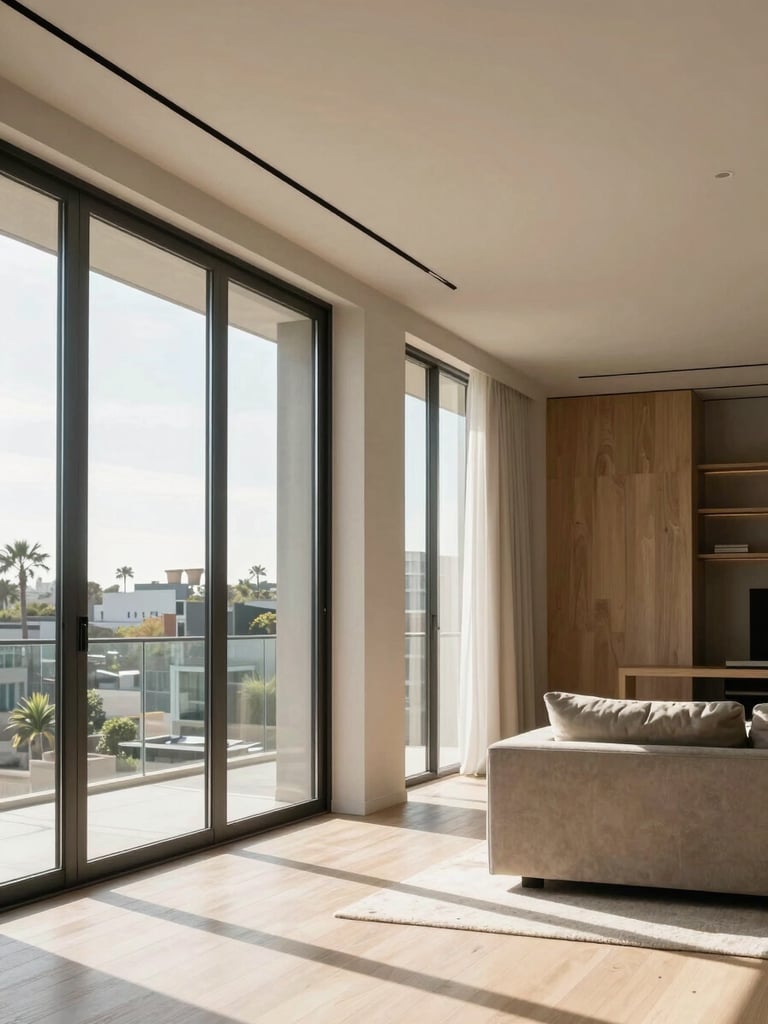 High-end apartment interior in Santa Cruz, bright afternoon natural light streaming through floor-to-ceiling windows, minimalist luxury design with local materials, portrait framing