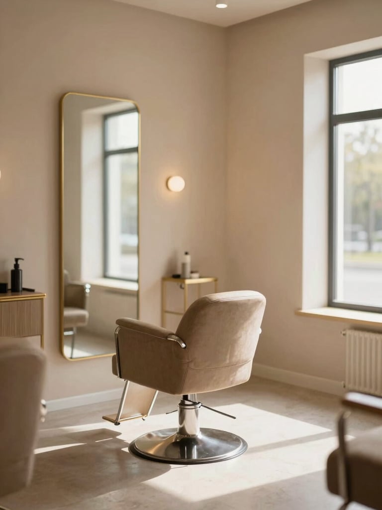 Soft environmental view of a clean, inviting salon interior, warm taupe walls, delicate gold accents, a single empty chair waiting for a client, natural daylight streaming in, 35mm.