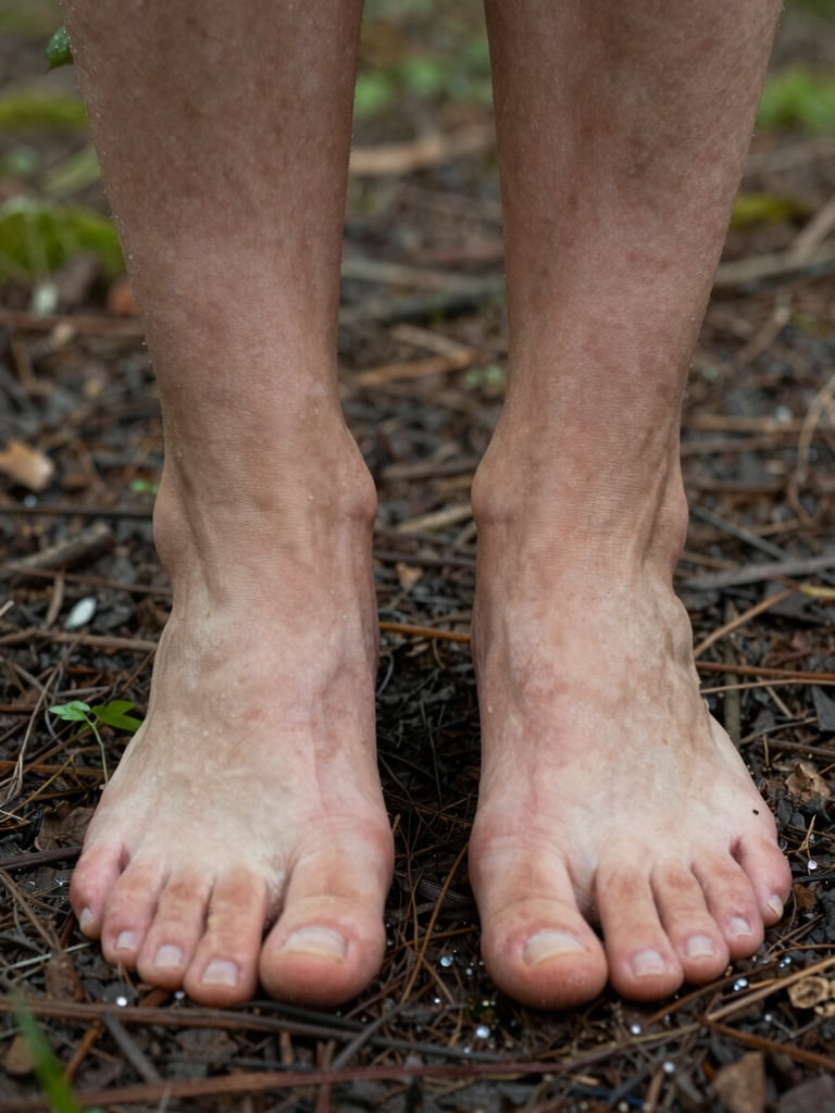 Detailopname van voeten die stevig en blootsvoets op de vochtige bosgrond staan, zacht natuurlijk licht.
