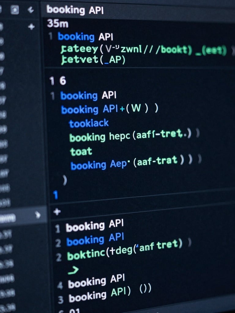 Macro shot of a clean code editor displaying booking API endpoints, syntax highlighting in electric blue and mint green, moody low-key ambient screen glow, 35mm