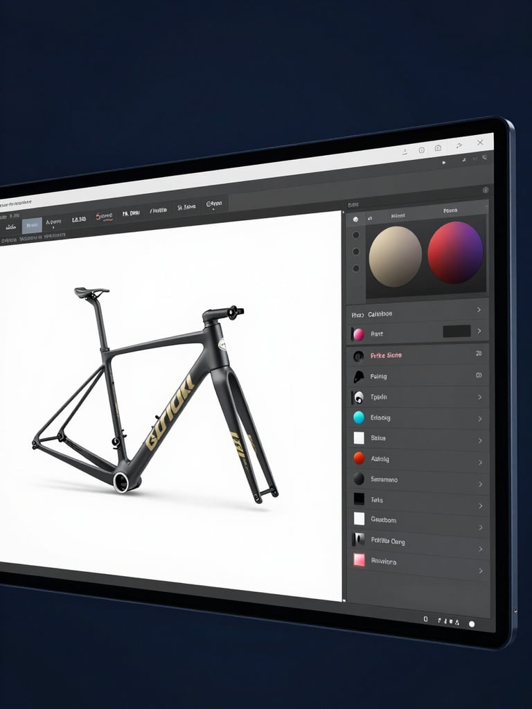 Close-up of a 3D product configurator screen mid-interaction, showing a bicycle frame with real-time color and component variant selection panel on the right side, clean studio light on a deep navy background, UI controls visible and crisp
