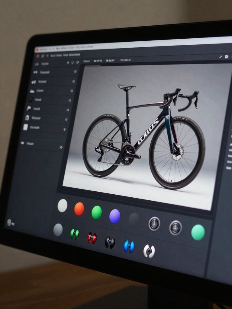 Close-up of a 3D bicycle configurator interface on a dark screen, showing real-time color and component selection with a high-finish road bike floating on a neutral studio background, soft north-facing light, sharp UI detail visible