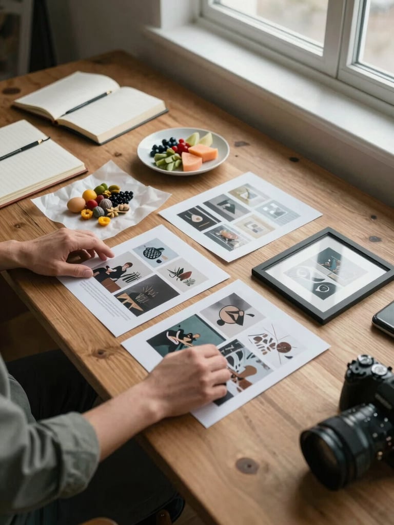 Overhead wide shot of a wooden studio desk in natural north-facing window light, a team member's hands arranging printed content frames and a small plate of ingredients on parchment paper, notebooks and a camera visible at the edge of the frame, calm and unhurried workspace atmosphere