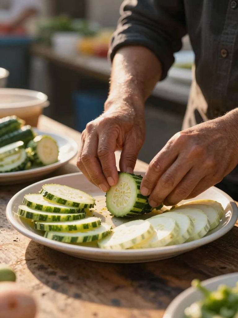 Eye-level process shot of hands arranging sliced vegetables on a pale ceramic plate on a market stall table, golden hour exterior light streaming from the left, rough wooden surface visible in foreground, background softly out of focus