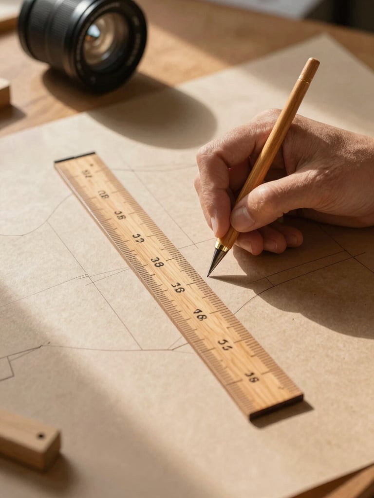 Close-up of hands drafting a garment pattern with a wooden curve ruler on heavy kraft paper, warm sunlight casting soft shadows across the table.