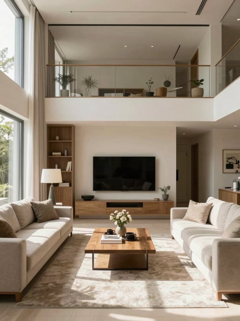Straight-on architectural photograph of a beautifully styled modern living space with warm neutral tones and bright natural daylight.