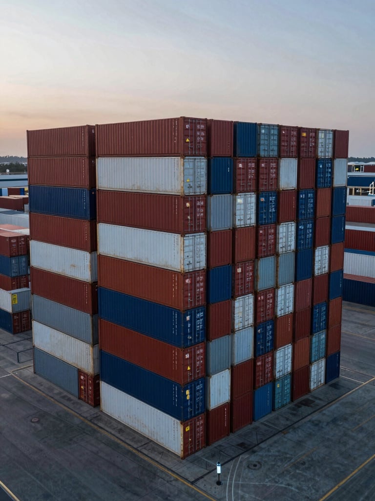 High-altitude drone shot of a geometric container terminal at twilight, clean lines of stacked shipping containers, cool overcast lighting, no text.