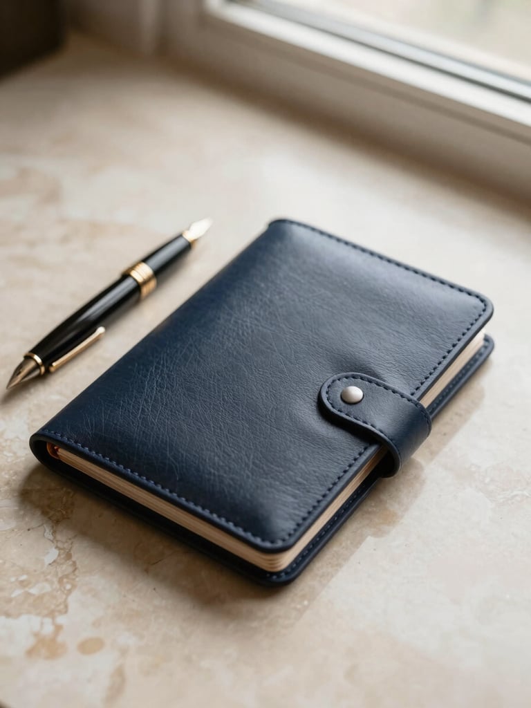 Top-down close-up of a high-end leather portfolio, premium stationery, and a fountain pen on a warm beige marble desk under soft morning window light