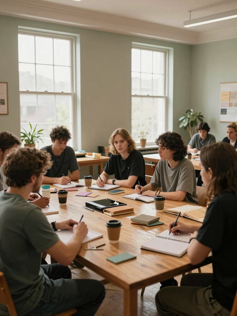 Wide environmental shot inside a community workshop room, participants seated around a large wooden table engaged in hands-on learning — notebooks, craft materials, and coffee cups visible. Natural north-facing daylight from tall windows, warm ambient light filling the room. Medium-wide framing showing the full table and several people in relaxed conversation and work, faces turned toward one another, not toward camera. Muted tones of sage walls, warm wood surfaces.