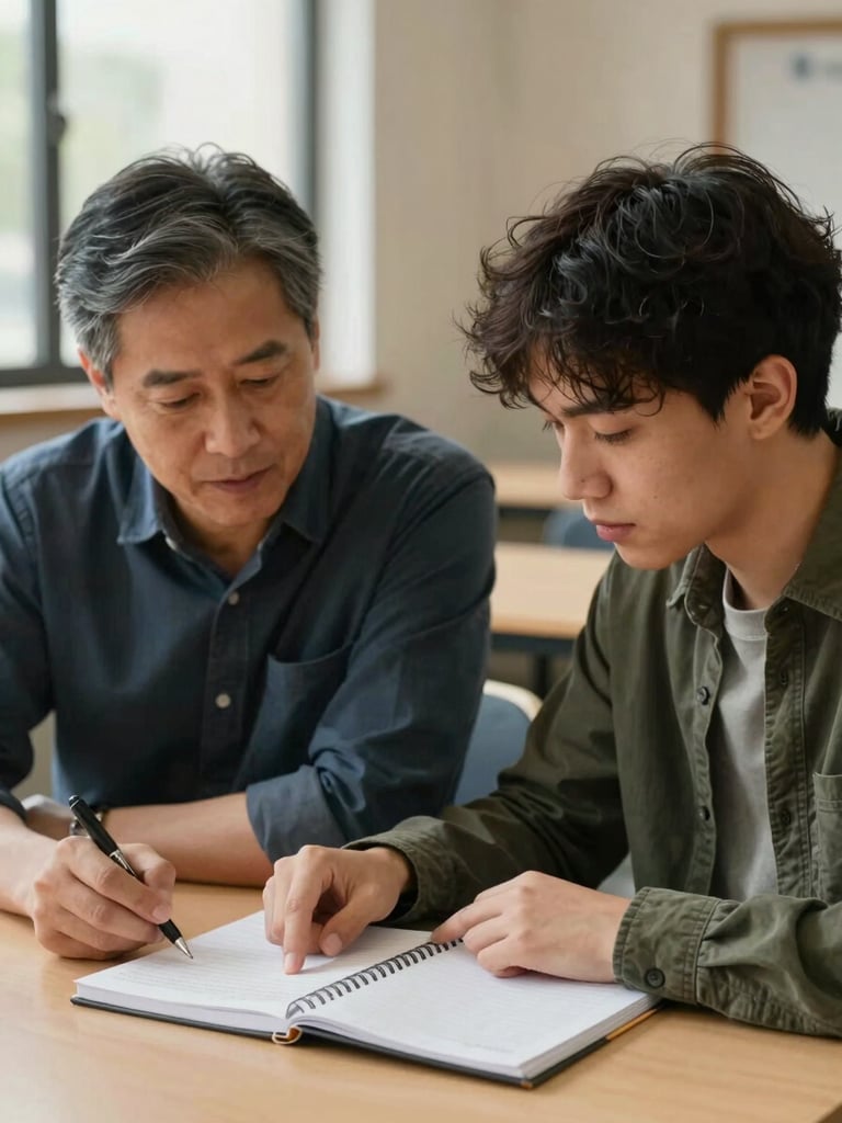 Medium shot of a mentor and a younger adult seated side by side at a community table, both leaning slightly toward a shared notebook, warm available indoor light from a nearby window, hands visible pointing at the page, context of a resource center visible softly in background