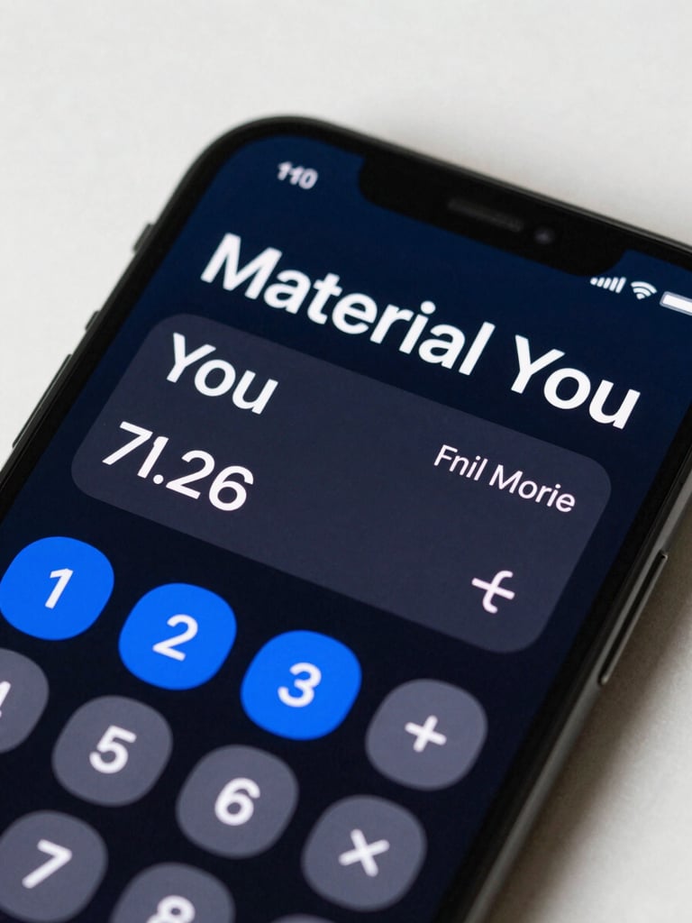 Macro close-up of a modern Pixel smartphone screen under soft, natural studio light, showing a clean dark-mode calculator widget with organic Material You rounded corners, vibrant blue accents, and crisp typography.