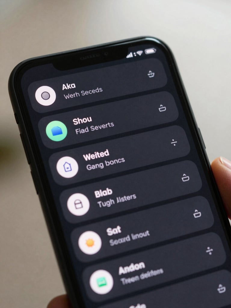 Close-up of a modern Android screen showing a custom quick settings tile menu with active utility toggles, soft natural lighting, dark-mode aesthetic