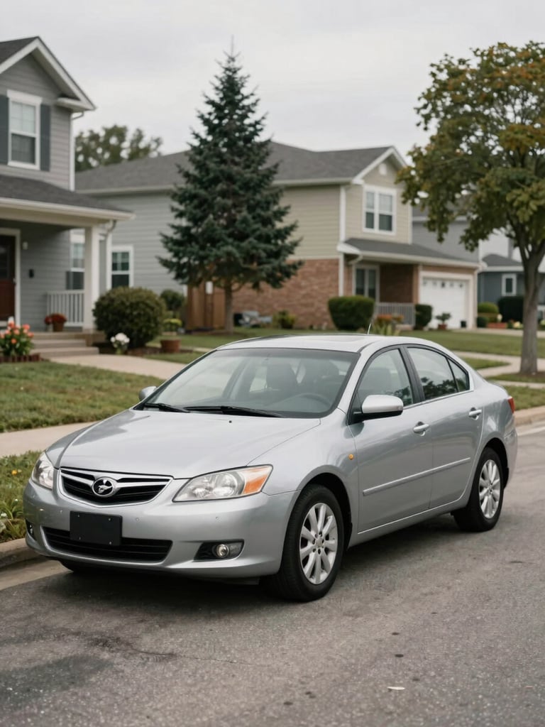 Candid eye-level shot of an everyday sedan parked in a quiet suburban residential driveway under soft overcast daylight, clean and realistic.