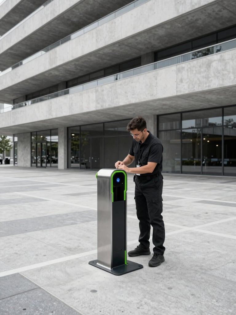 Low-angle architectural shot of a technician servicing a clean metallic smart bike dock in a modern plaza.