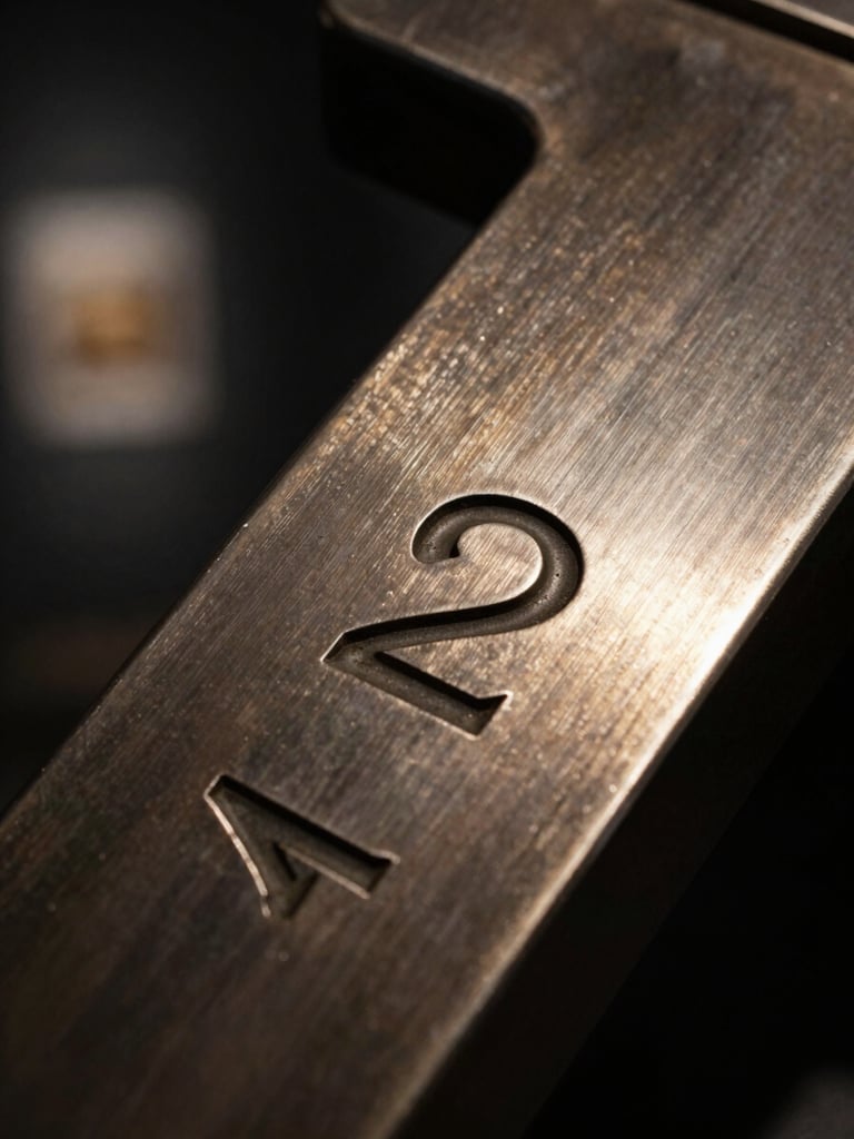 Macro close-up of a solid-cast metal sculpture catching high-contrast key light, showing brushed gunmetal texture and hand-engraved serial number, dark gallery background, 35mm