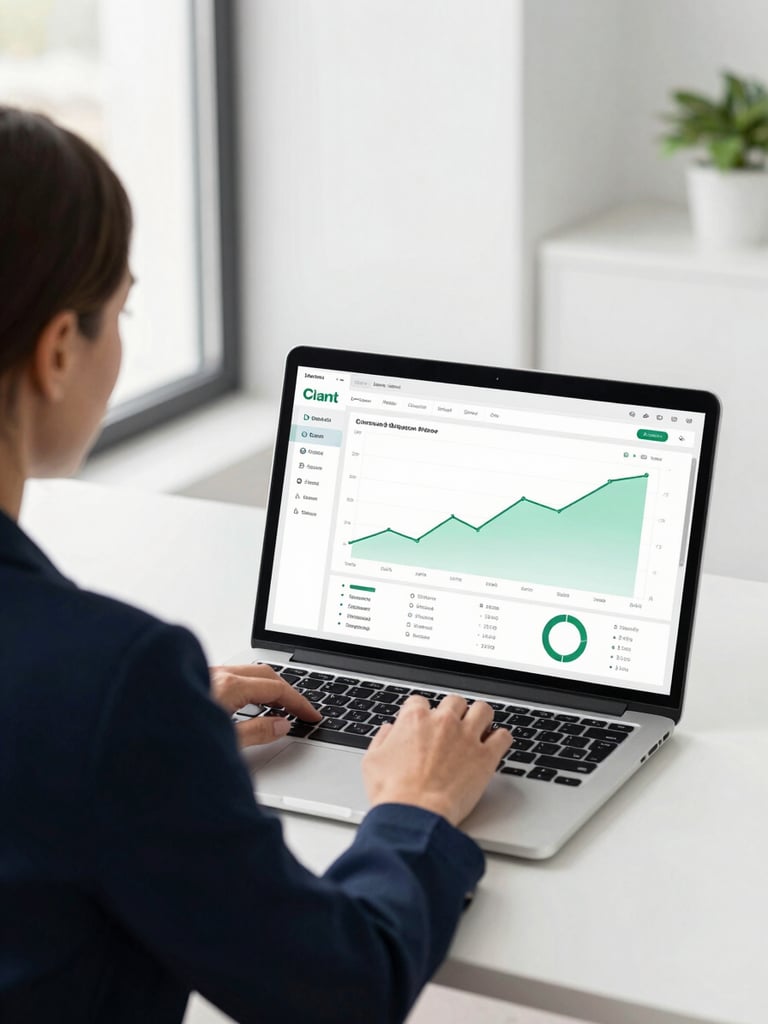 Over-the-shoulder view of a female specialist analyzing clean data dashboards with positive growth curves on a laptop screen, bright natural daylight, minimalist office interior