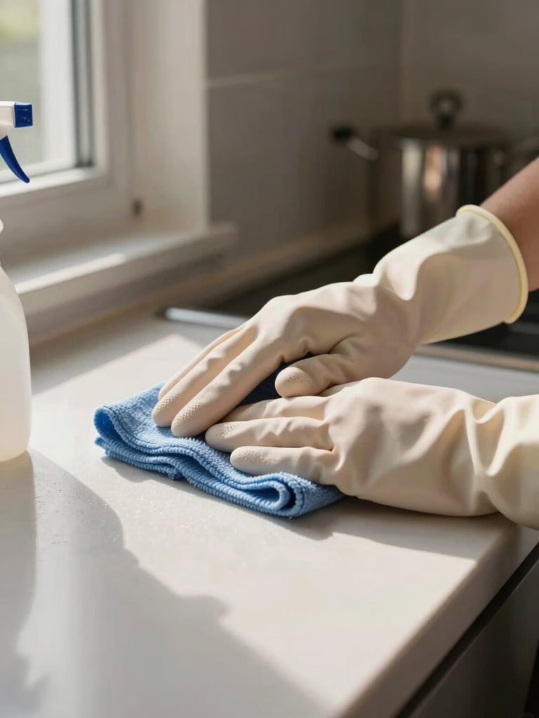 Close-up of gloved hands wiping down a kitchen counter with a microfiber cloth, natural window light from the left, cleaning spray bottle visible at frame edge, warm daylight tone