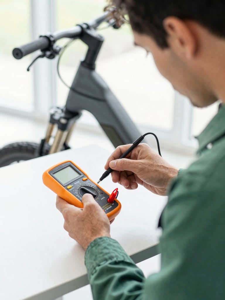 Close-up of a professional bicycle mechanic in a clean, bright workshop, carefully measuring the voltage of an e-bike lithium battery with a digital multimeter, soft natural light, green and gray tones, clean editorial photography, 35mm lens.