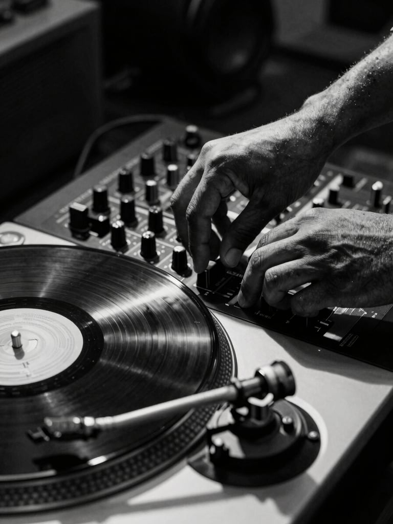 Dramatic black and white high-contrast close-up of hands adjusting a vinyl turntable mixing console in a dimly lit Lagos studio, hard shadows.