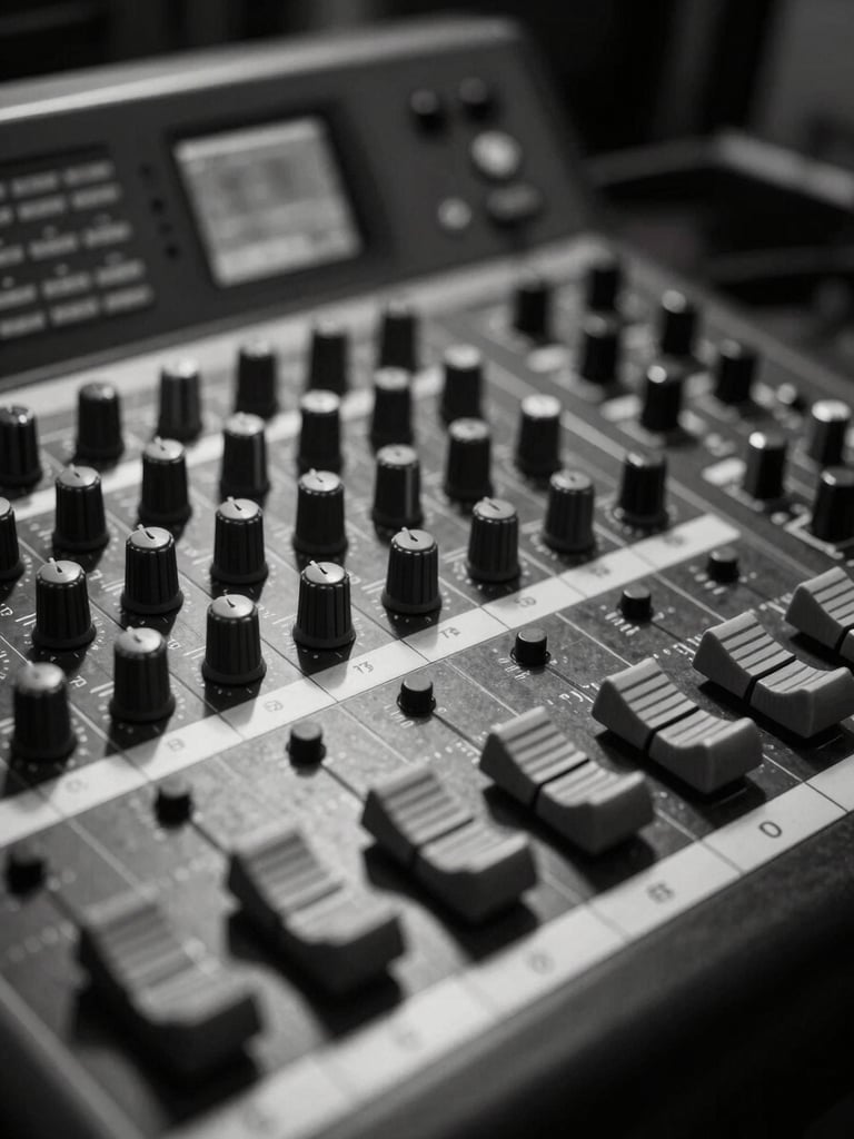 Dramatic black and white close-up of an analog mixing console in a Lagos studio, hard shadows, single-source light