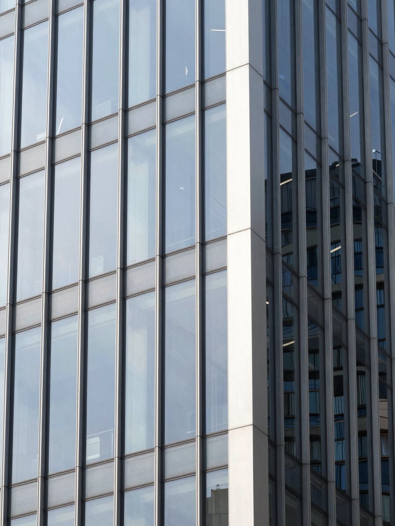 Sharp corporate photography of structured architectural glass panels reflecting bright daylight, cool silver-gray tones, clean geometric lines.