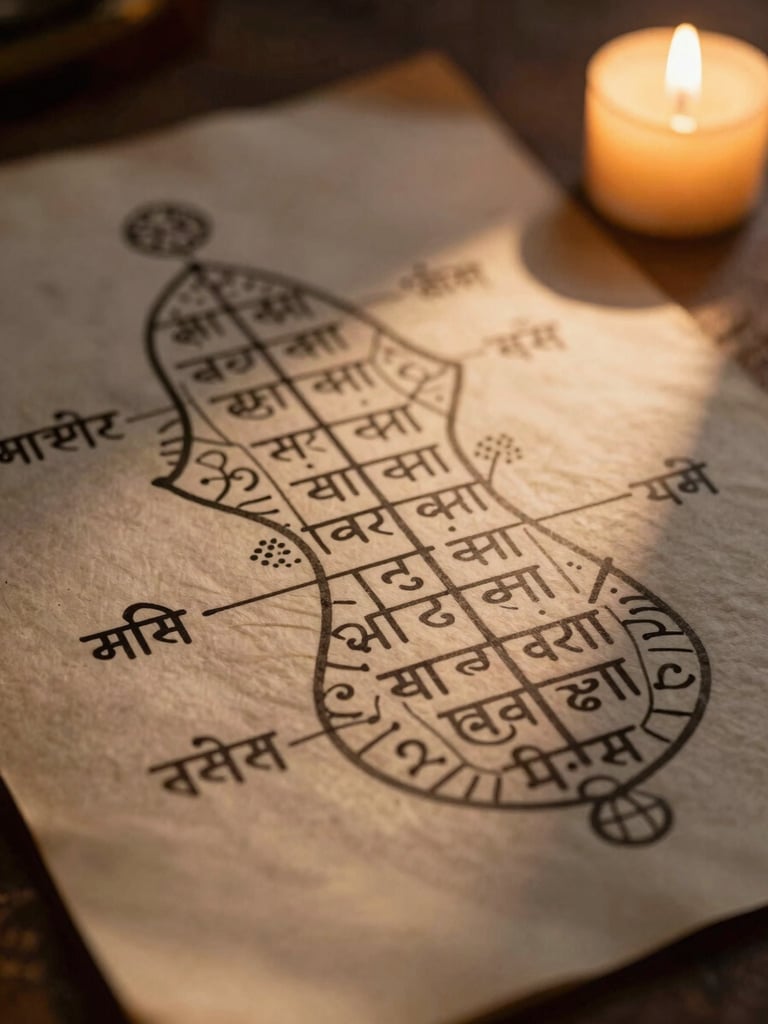 Macro close-up of an ancient palmistry chart on aged paper under soft warm candlelight, casting long shadows across Sanskrit text