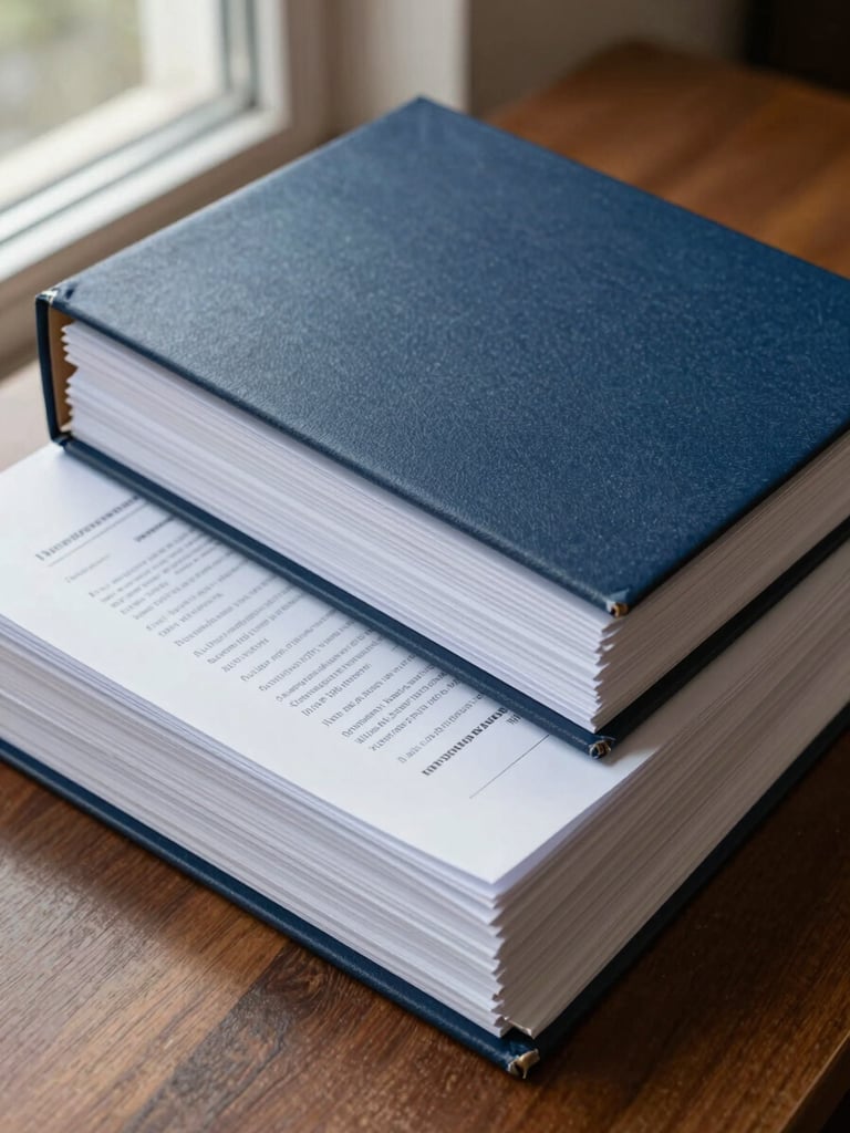 Close overhead photograph of stacked bound legal documents and contract folders on a wooden desk, deep navy cover visible on top, natural daylight from a side window, sharp detail on document edges and binding