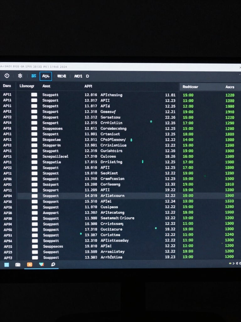 Straight-on screen capture of a high-fidelity software terminal showing real-time API logs, cool neon accents, dark slate background, crisp tech photography
