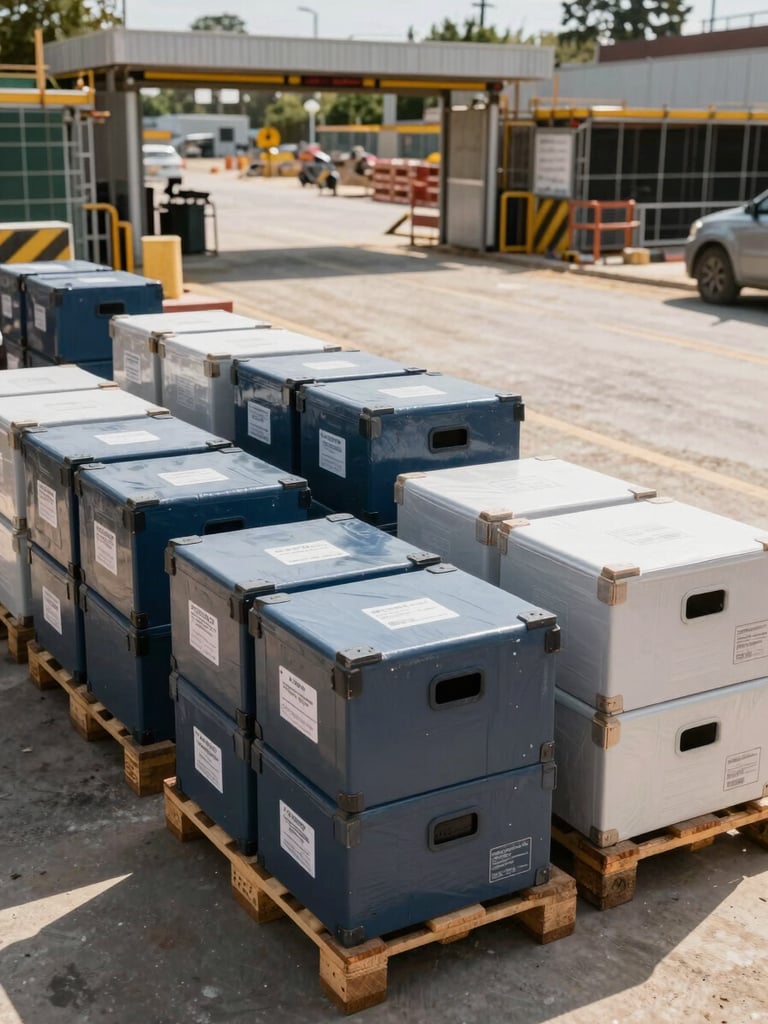 Wide shot of organized construction site logistics area, stacked PPE equipment boxes and labeled pallets in the foreground, site access gate visible in the background, midday natural light