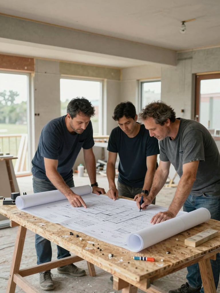 Wide shot of a renovation job site mid-project, workers reviewing a large paper blueprint spread across a plywood work table, natural cool daylight through unfinished window openings, construction materials visible in background, honest operational detail