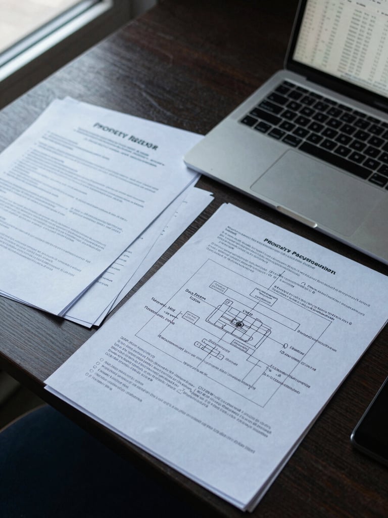 Overhead shot of a work table with property acquisition documents, a printed process map with handwritten annotations, and a laptop showing a spreadsheet, cool natural light from the left, no people visible, honest operational detail