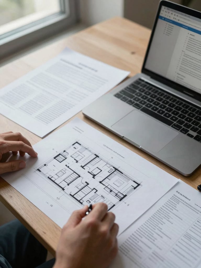 Overhead angle on a work table covered with acquisition documents, a laptop showing deal metrics, and a marked-up property floor plan under cool natural window light, hands visible at the edge of the frame reviewing figures