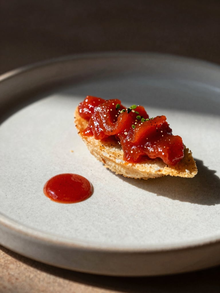 Macro shot of a perfectly plated modern Spanish tapa, vibrant red sauce droplet on a textured ceramic plate, harsh Mediterranean sunlight, deep shadows