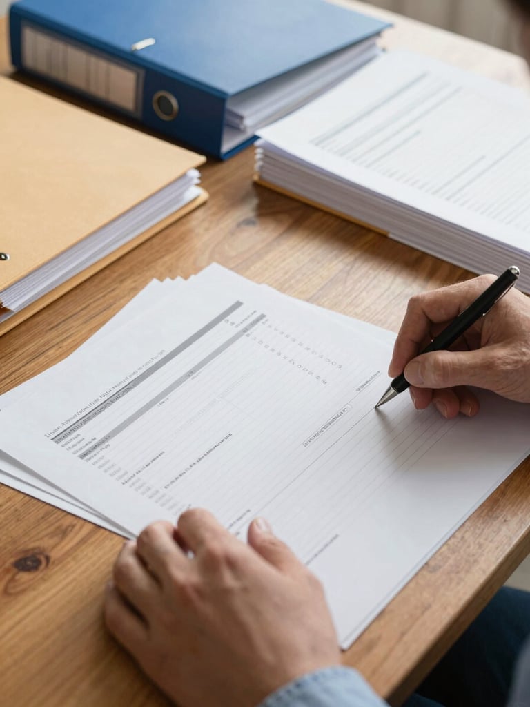 Close-up of accountant hands organizing printed financial records on a wide wooden desk, overhead natural light, folders and binders arranged systematically in the background, no people's faces visible
