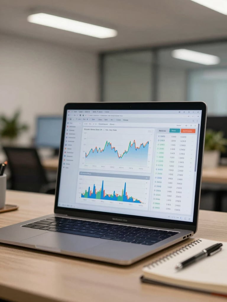 Medium shot of a laptop screen showing a financial dashboard with charts and data tables, on a tidy desk with a notebook beside it, clean office fluorescent light, no people visible