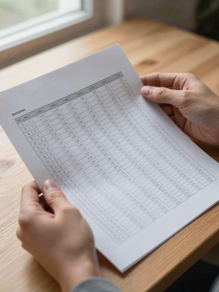 Close-up overhead of hands holding a printed spreadsheet on a wooden desk, columns of numbers visible, soft natural light from a nearby window, warm neutral tones