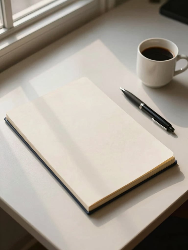 Overhead view of a tidy desk workspace — closed notebook, uncapped pen resting beside it, a single coffee cup, natural window light falling evenly from the left, warm off-white surface, no people