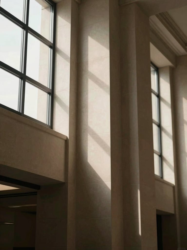 Architectural detail of a classic corporate office with clean lines, soft window light casting elegant shadows on warm stone surfaces, 35mm