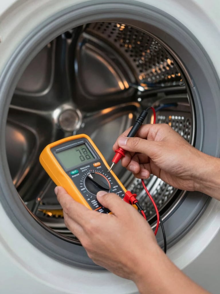 Close-up of a technician's hands connecting a multimeter probe to terminals inside an open washing machine drum, warm studio light raking across the tool and the machine's metal casing, diagnostic meter screen visible in soft focus in the background