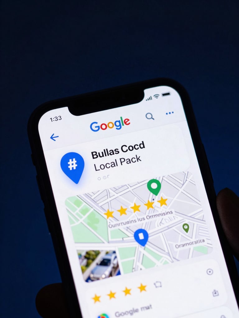 Close-up of a smartphone screen showing a Google Maps local pack with a business ranked #1, glowing blue position pin, star ratings visible, dark studio background, high contrast, cool blue light