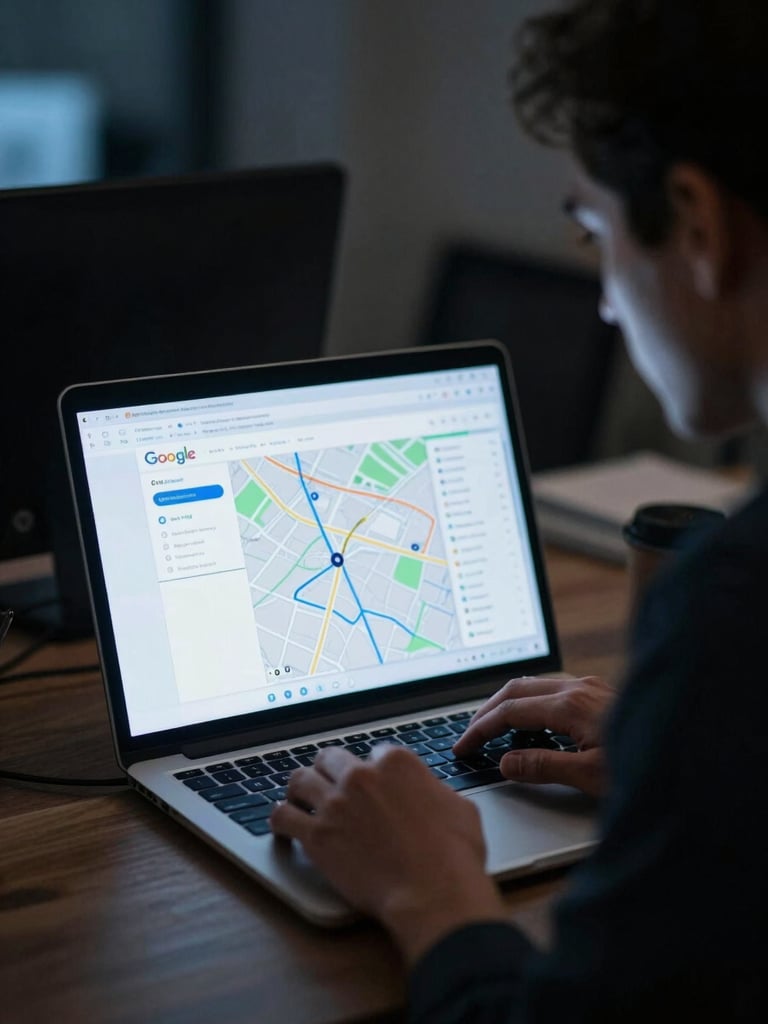 Close-up of a local business owner at his desk reviewing a laptop screen showing Google Maps search results at night, cool blue monitor glow lighting his face, dark office background, high contrast